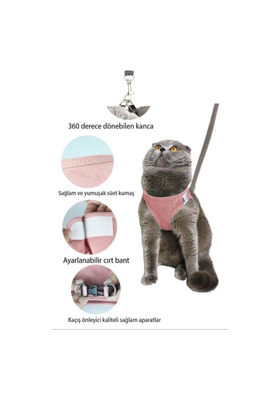 Kedi Gezdirme Tasması - Kedi Tasması Göğüs Tasma Seti Yumuşak Süet Pembe Renk