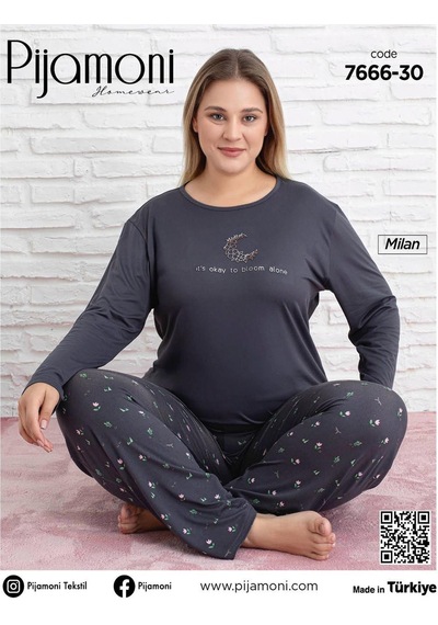 Pijamoni Kadın Milan Büyük Beden Bisiklet Yaka Uzun Kol İnce Pijama Takımı 7666/30 - 1 Adet Füme Pijamoni Kadın Milan Büyük Beden Bisiklet Yaka Uzun Kol İnce Pijama Takımı 7666/30 - 1 Adet Füme