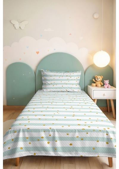 Mint Çizgili Genç Odası Tek Kişilik Pike Takımı - Altın Puantiyeli 160x220 Cm Kapitone Yatak Örtüsü Hafif Rota Sarmalı