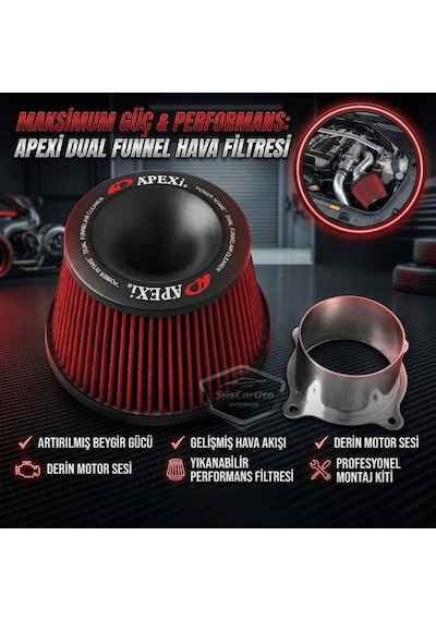 Apexi Universal Performans Ve Ses Arttırıcı Aparatlı Açık Hava Filtresi Seti +6 Hp Dual Funnel Kırmızı 76 Mm