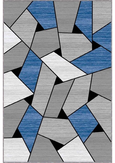 Mavi Geometrik Kaymaz Tabanlı Makinede Yıkanabilir Halı Wl07n11