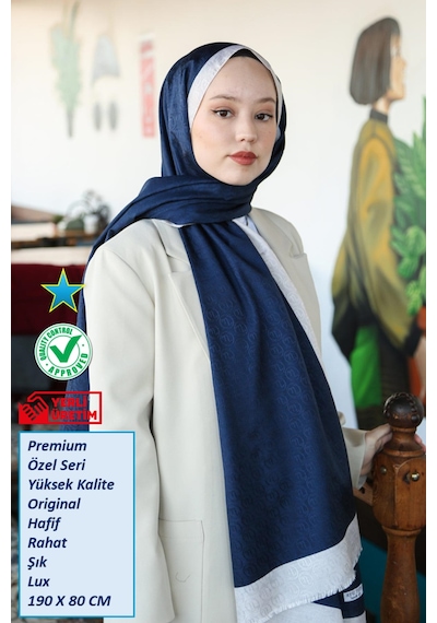 Premium Lux Original Monogram Şal İpek Vual, Yüksek Kalite, Hafif, Rahat, Şık, Tesettür, Shawl Lacivert Krem Şeritli