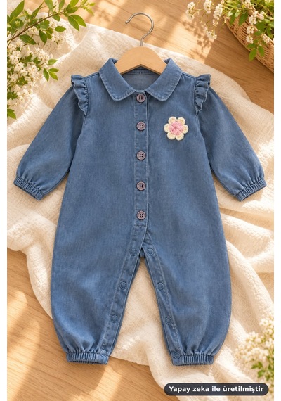 Ferasty İstanbul Kız Bebek Kot Tulum Çiçek Broşlu Bebe Yaka Mavi