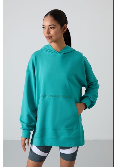 Tommy Life Deniz Yeşili Balon Kol Yazı Nakışlı Kadın Oversize Tunik Sweatshirt - 97163 Yeşil