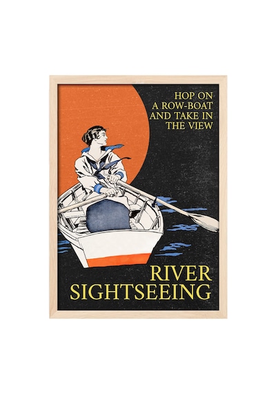 Row Boat Doğal Ahşap Çerçeveli Poster, Dekoratif Seyahat Duvar Tablosu
