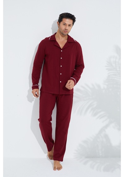 Siyah İnci Erkek Pamuklu Gömlek Yaka Düğmeli Biyeli Pijama Takım Bordo
