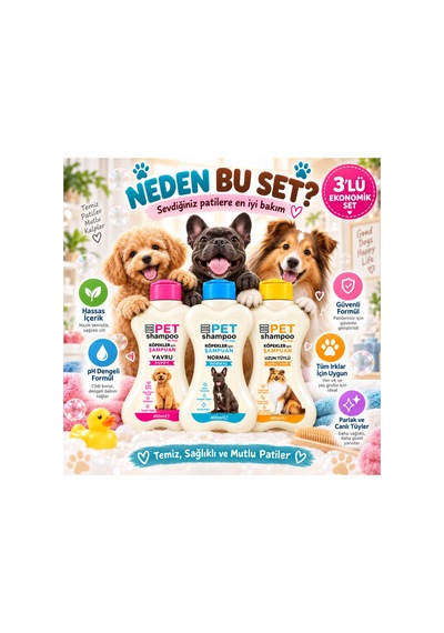 Köpek Şampuan Seti 3x400 Ml Yavru, Normal Ve Uzun Tüylü Köpekler İçin Premium Bakım Paketi