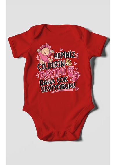 Morivokids Dayıya Özel Kısa Kollu Bebek Body %100 Pamuk Zbn193-kk Kırmızı
