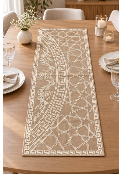 Nakışlı Geometrik Desenli Dekoratif Runner Masa Örtüsü 45x120 Cm Sütlü Kahve