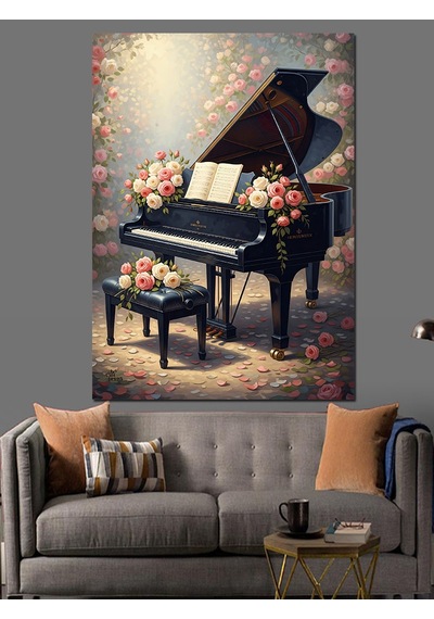 Ahşap Tablo Piyano Ve Çiçekler Müzik Teması