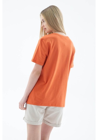 Fashion Friends V Yaka %100 Pamuklu Turuncu Kadın T-shirt 25y0248k1 Turuncu