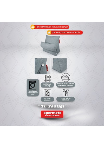Xpermate Sırt, Bel, Boyun Destekli TV Okuma Yastığı Ameliyat Sonrası Gri
