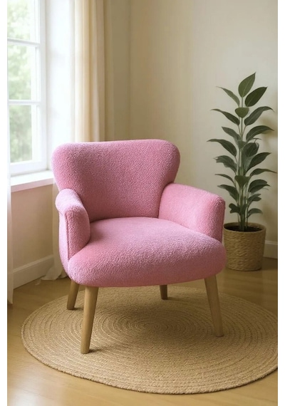 Azra Mobilya Berjer - Tekli Koltuk - Puffy - Teddy Kumaş - Ceviz Ayak - Pembe Pembe
