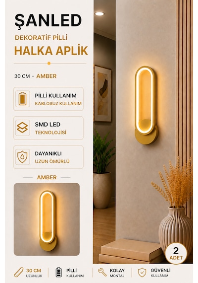 Dekoratif 20w Halka Modeli İç Mekan Gold Kasa Amber Işık 30 Cm Duvar Aplik Pilli 2 Adet