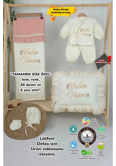 Gros Shop Müslin Yeni Doğan 4katlı Organik %100pamuk Kişiye Özgü Nakışlı Hastane Çıkış Seti Papatya Model-6 Ekru-1
