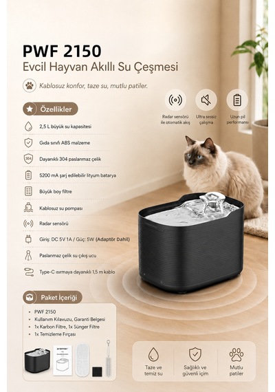 Pwf 2150 Akıllı Otomatik Sensörlü Kedi Köpek Paslanmaz Çelik Su Çeşmesi 2,5l - Petmate Flowsense - Siyah