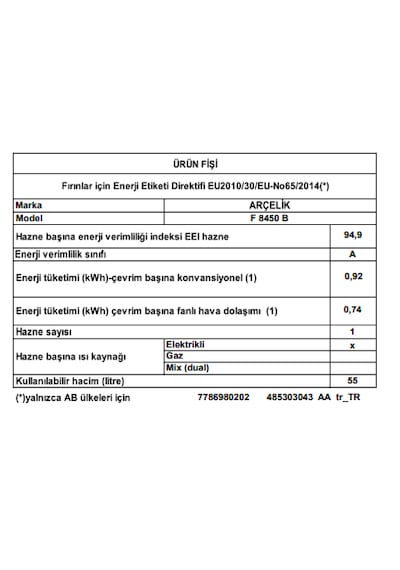Arçelik F 8450 B 55 L Ocaklı Fırın