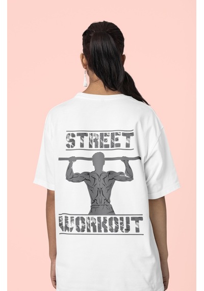 Street Workout Calisthenics Sırt Baskılı Unisex Oversize Sporcu T Beyaz