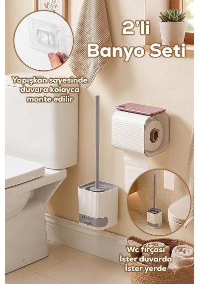 Tr 2li Banyo Seti Yapışkanlı Banyo Tuvalet Kağıtlığı Tuvalet Fırçası Peçetelik Tuvalet Fırçalığı Beyaz Diğer