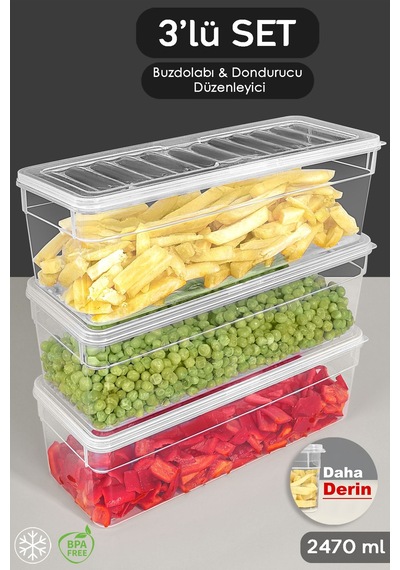 Meleni Home Derin Mikrodalga Uyumlu Erzak Gıda Saklama Kabı Şeffaf Kapak Düzenleyici Organizer Set 3'lü 2470 ML Şeffaf