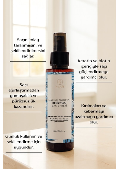 K K-care Cosmetics Doğal Dalga Sağlayan ve Hacim Veren Deniz Tuzu Saç Spreyi 150 ML﻿﻿