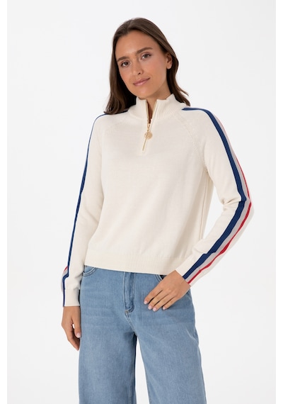 U.S. Polo Assn. Kadın Krem V Yaka Fermuarlı Kazak 50314691-VR071