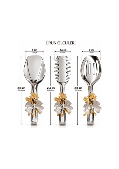 Premium 3 Lü Servis Maşa Seti, Gold Gümüş Detaylı Makarna Salata Pasta Kek Sunum Maşa Seti