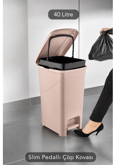 Omnipazar Srl-3030 Slim Pedallı Plastik Çöp Kovası İç Kovalı 40 Litre Pembe
