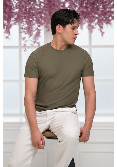 Paul Martin Slimfit Lyocell Kumaş Likralı Küçük Armürlü Bisiklet Yaka T-shirt Haki