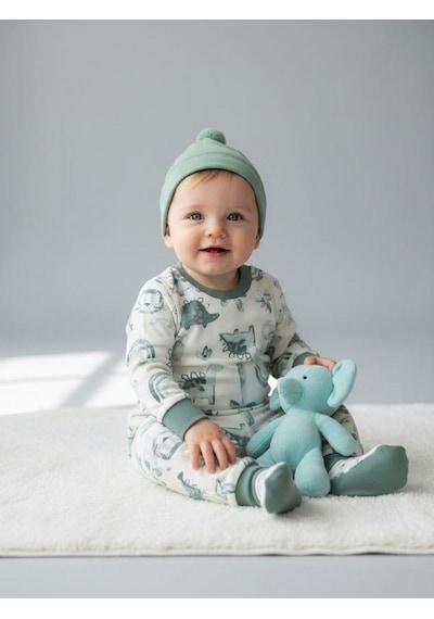 Zekids Erkek Bebek Pamuklu Dinazor Desenli Pijama Takımı-16268 Yeşil