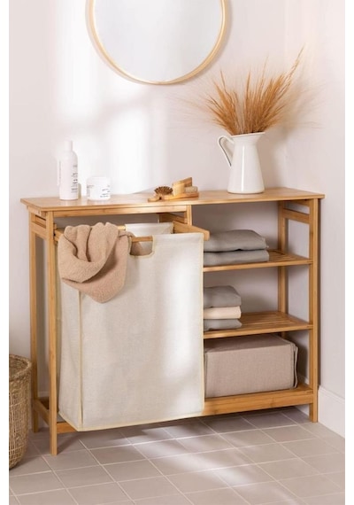 Digithome Bambu 3 Raflı 1 Bölmeli Kirli Sepetli Banyo Düzenleyici Çamaşır Sepeti Organizer Db-0008 Ahşap