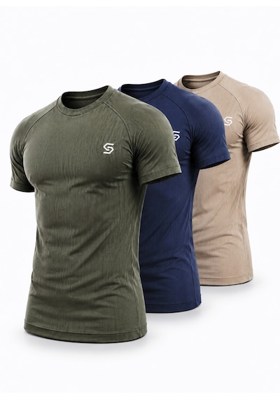 Sapeur 3'lü Erkek Premium Ribana Compression Spor Ve Günlük Tişört - Ultra Esnek Ve Nefes Alan Haki - Lacivert - Bej