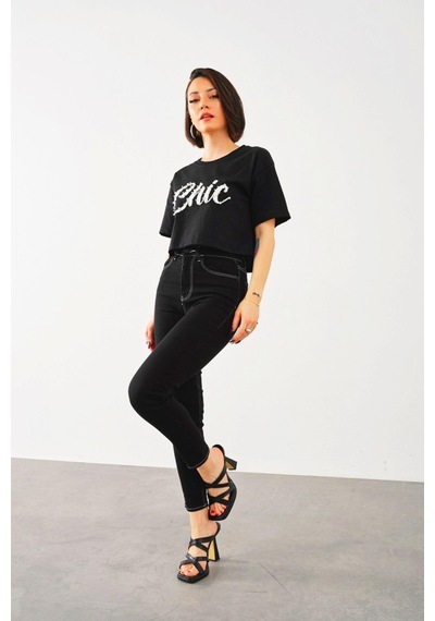 Taş İşlemeli Chic Baskı T-shirt-siyah Siyah