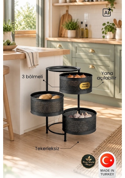 River World Tekerleksiz Rengi Siyah Açılabilen 3 Katlı Çok Amaçlı Metal Raf Mutfak, Balkon, Kiler Çok Renkli