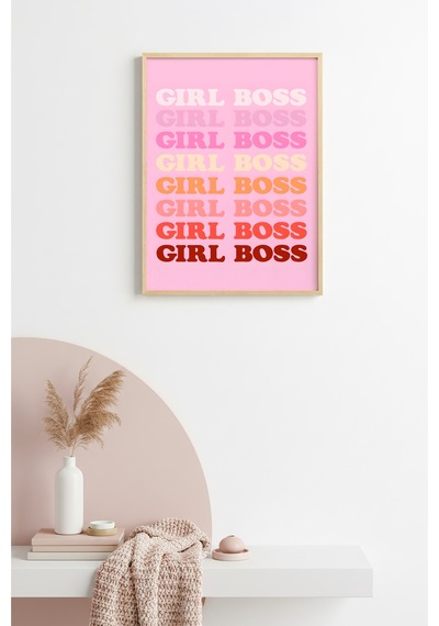 Doğal Ahşap Çerçeveli Retro Pop Art Tablo - Girl Boss Sloganı Yazı Huhu2830