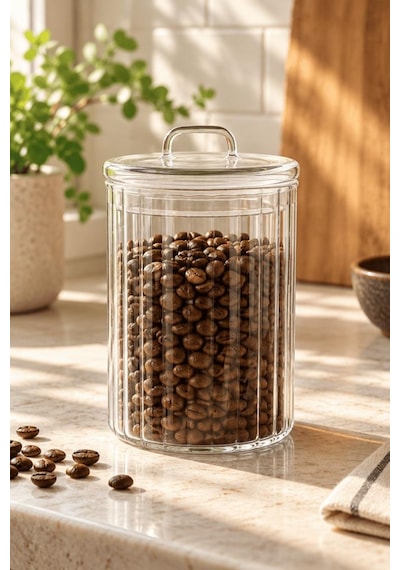 Atbyhome Kulplu Borosilikat Cam Kapaklı Çizgili Cam Kavanoz 1400 Ml - Vakumlu Erzak Ve Bakliyat Saklama Kabı Şeffaf