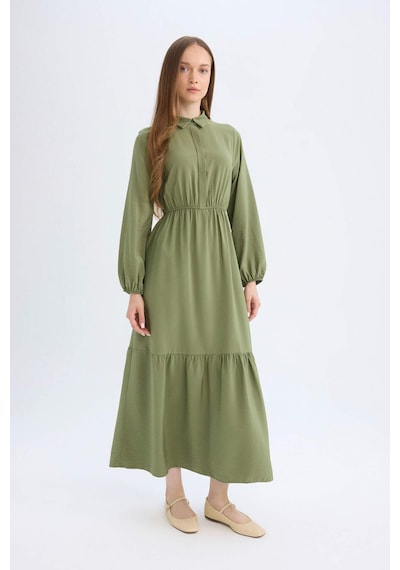 Defacto Gömlek Yaka Basic Düz Düğmeli Beli Büzgülü Uzun Kollu Maxi Elbise D5851AX24AUKH450 Haki