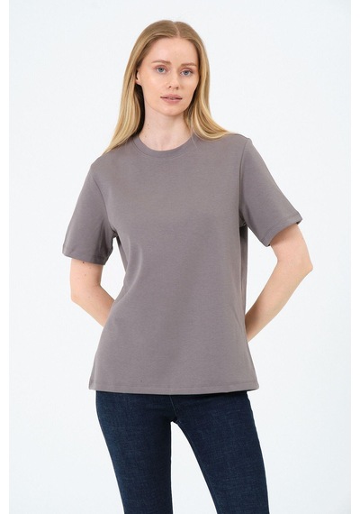 Kadın Bisiklet Yaka Kısa Kollu Basic T-shirt - İnterlok Kumaş Gri