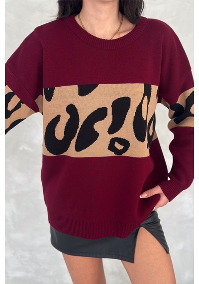 Femelle Kadın Bordo Standart Beden Leopar Desen Oversize Triko Kazak