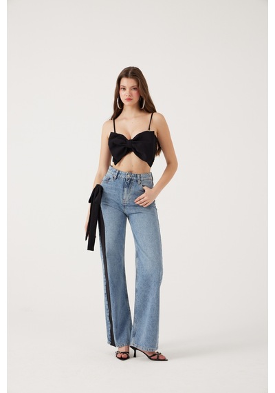 Holly Lolly Yüksek Bel Kurdele Detaylı Wide Leg Kyla Jean Pantolon Siyah