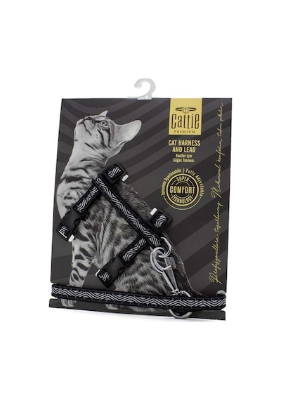 Doggie Desenli Kedi Göğüs & Gezdirme Takımı Siyah 1x25-40 CM