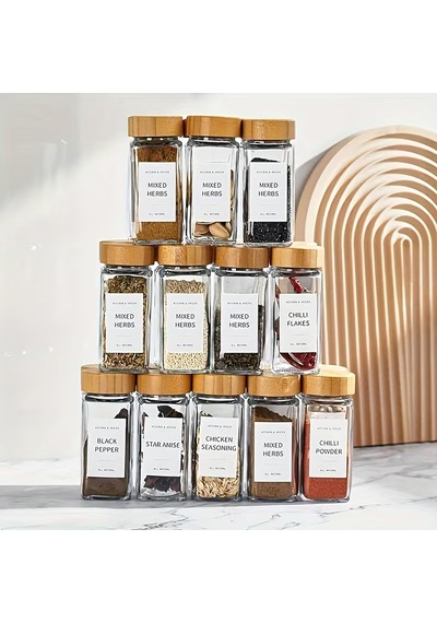 Cam Baharatlık Seti, 12 Adet, Bambu Kapaklı, Etiketli Şeffaf - Bambu