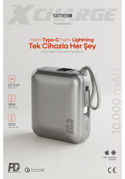 Simex 10.000 Mah 22.5w Hızlı Şarj Pd Powerbank Kendinden Kablolu Ve Dijital Göstergeli Taşınabilir Cihazı Standart