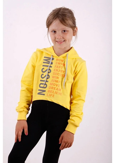 Toontoy Kız Çocuk Relax Fit Kapüşonlu Baskılı Crop Sweatshirt - 2 İplik Sarı