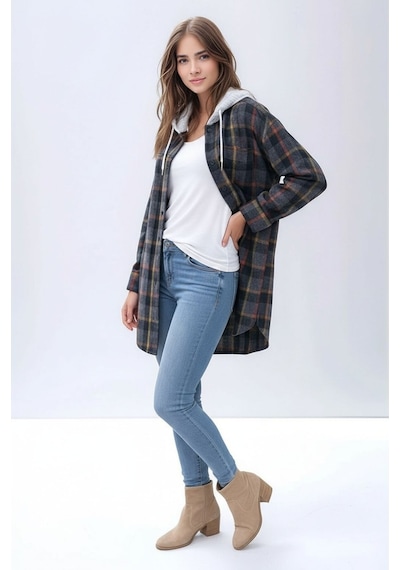 Mamayaga Kadın Desen Bloklu Oduncu Oversize Geniş Kalıp Casual Cepli Kapüşonlu Uzun Boy Ceket Gömlek Siyah