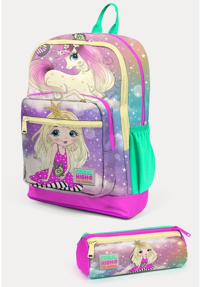 Coral High Kids Pembe Su Yeşili Unicornlu Kız Desenli 2'li Okul Çanta Seti Set0223733