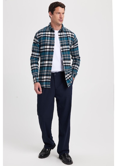 Tudors Erkek Slim Fit Dar Kesim Kareli Kışlık Oduncu Gömlek-42341 Petrol