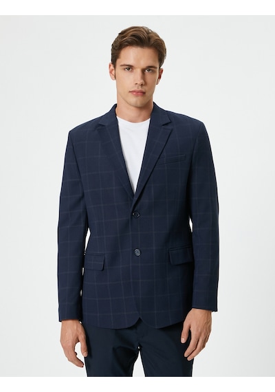 Koton Blazer Ceket Ekose Kapaklı Cepli Düğmeli Regular Fit Lacivert Ekose 5wam50009hw Lacivert