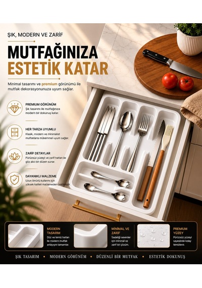 Sas Haus 6 Bölmeli Çekmece İçi Kaşıklık, Plastik Çatal Bıçak Organizeri, Mutfak Düzenleyici Beyaz S-11003
