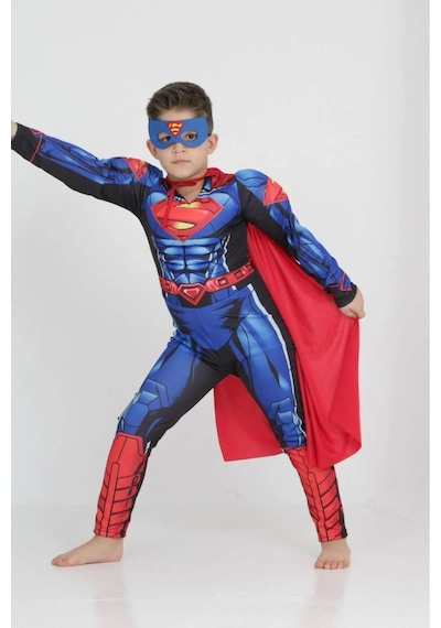 Life For Moda Erkek Çocuk Kaslı Superman Kostümü - Süper Kahraman Kostümü, Parti Kostümü Mavi